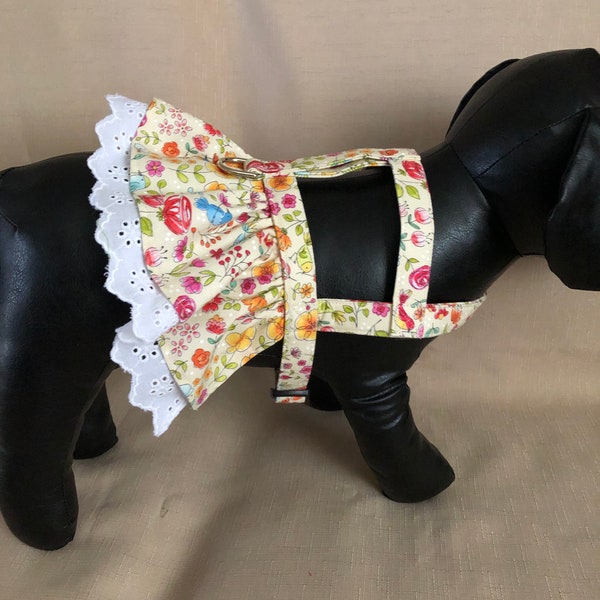 Girl Dog harness in flowers with birds and butterflies