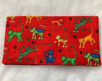 Checkbook Cover - Colorful cats on red