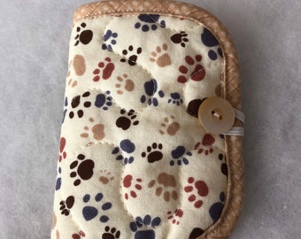 Quilted needle book case organizer - paw prints tan brown grey