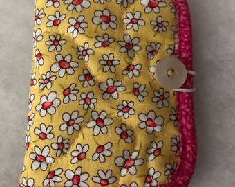 Quilted needle book case organizer - tiny white daisies on yellow