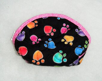 Small Quilted Purse - Colored pawprints on black