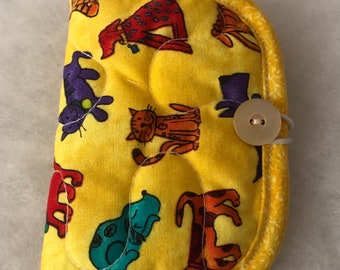 Quilted needle book organizer - dogs and cats on yellow