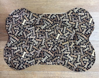 Reversible Dog Placemat - Brown Dog Bone Print, Washable Cotton