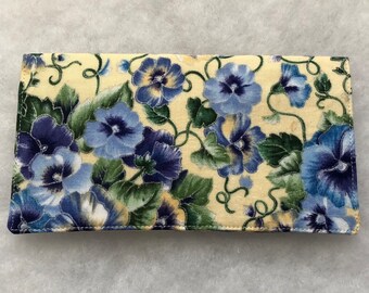 Checkbook Cover - Blue Pansies on cream