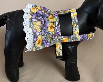 Girl Dog harness in yellow and purple flowers