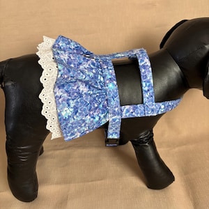 Pode incluir: Um arnês para cão azul e branco com padrão floral e acabamento em renda branca. O arnês tem uma correia que vai ao redor do peito do cão e outra correia que vai ao redor das costas do cão.