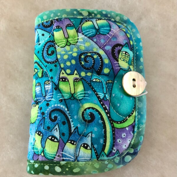 Quilted needle book case organizer - Laurel Burch cats small teal