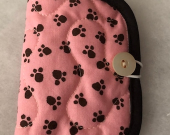 Quilted needle book case organizer - paw prints in black on pink