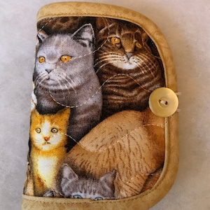 Quilted needle book case organizer - cats in tan brown
