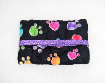 Quilted Tissue Holder - Colorful paw prints on black