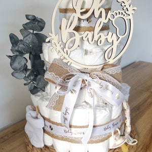 Torta di pannolini personalizzata, regalo per baby shower, regalo di nascita, torta di pannolini per ragazzo, torta di pannolini per ragazza, Oh Baby, baby shower, baby shower