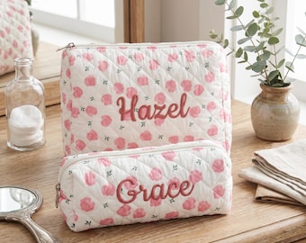 Personalized Floral Quilted Makeup Bag, Embroidered Cotton Cosmetic Travel Pouch, Unique Gift for Bridal Shower & Women