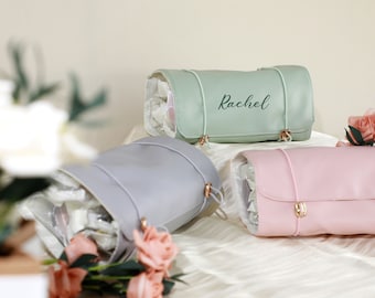 Embroidered Leather Roll-up Makeup Bag, Custom Travel Organizer