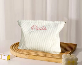 Embroidered Corduroy Cosmetic Bag, Personalized Bridesmaid Pouch