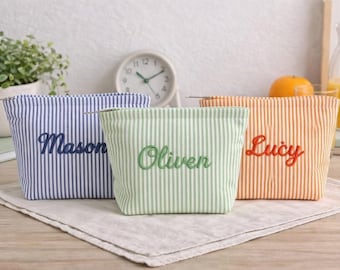 Personalized Striped Makeup Bag | Custom Name Cosmetic Pouch | Bridesmaid Gift | Monogrammed Toiletry Bag