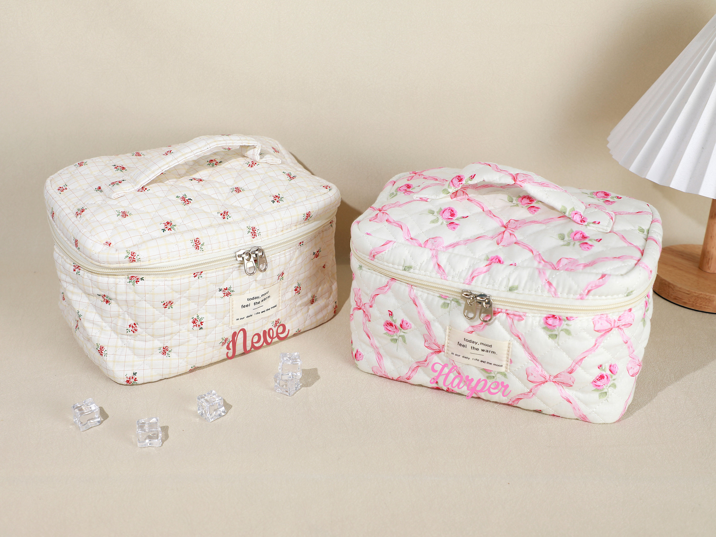 Custom Quilted Cotton Cosmetic Bag, Large Capacity Makeup Bag Set for Women, Personalized Embroidery Cosmetic Bags