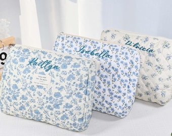 Personalized Floral Quilted Cotton Cosmetic Bag, Embroidered Makeup Bag