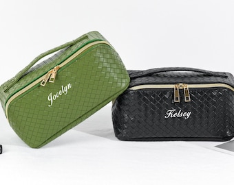Personalized Woven Vegan Leather Makeup Bag, Embroidered Cosmetic Travel Bag