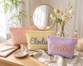 Girls Personalized Chenille Letter Bag, Custom Sleepover Gift Pouch, Summer Travel Cosmetic Toiletry Bag, Bridesmaid Team Party Favors