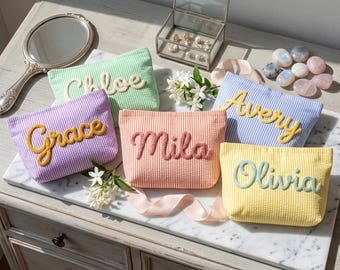 Custom Corduroy Chenille Letter Cosmetic Bag, Personalized Bridesmaid Gift Pouch,  Girls Sleepover Toiletry Bag, Travel & Team Party Favors