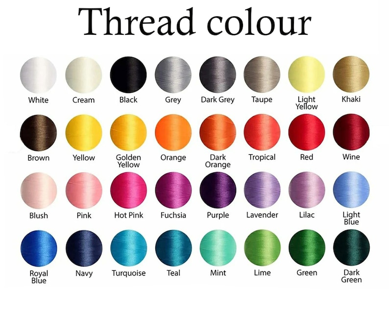 May include: A color chart displaying a variety of thread colors. The image shows a grid of thread samples in shades like white, black, grey, yellow, orange, red, blue, green, and purple. The text "Thread colour" is at the top.