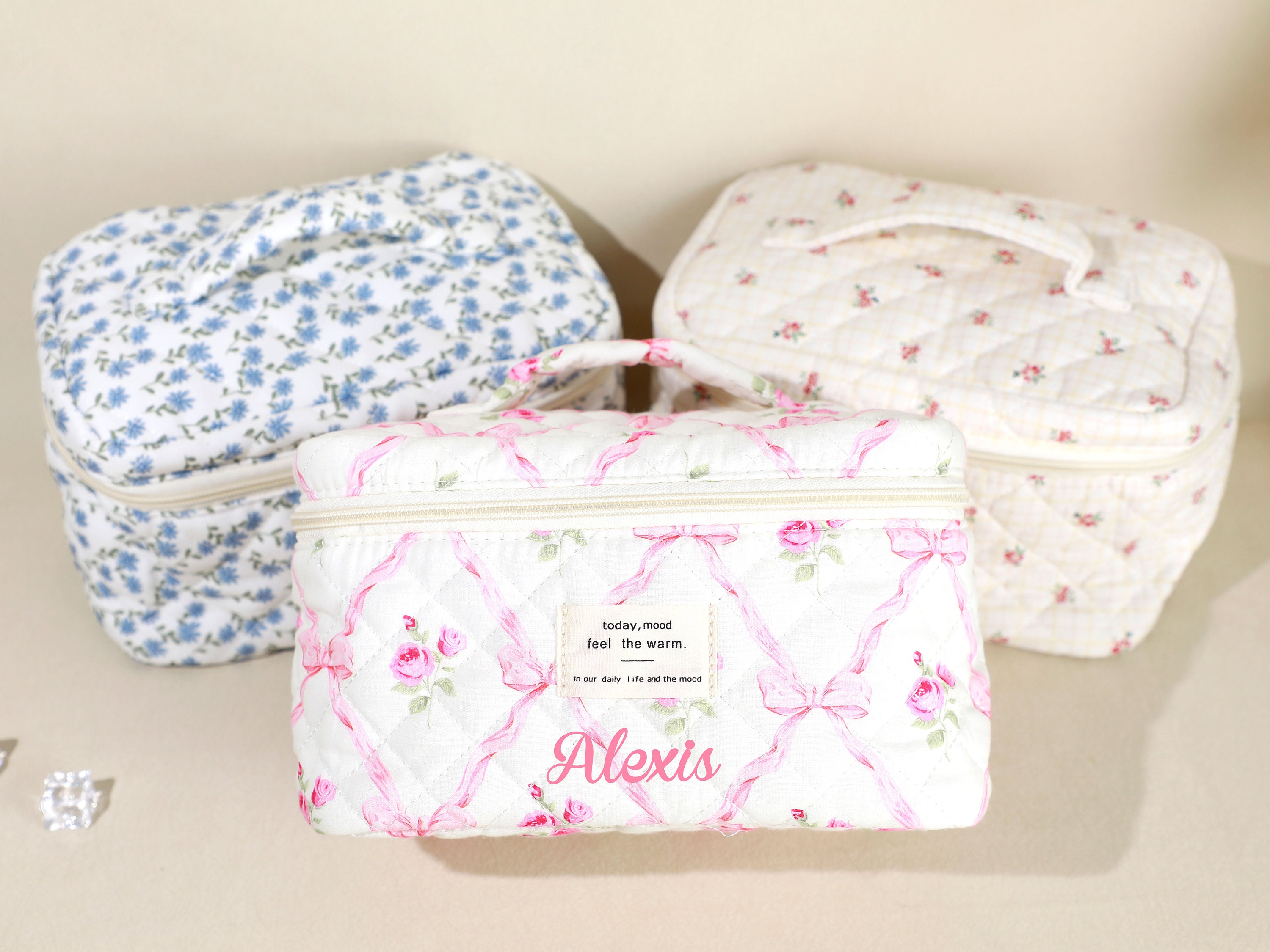 Custom Quilted Cotton Cosmetic Bag, Large Capacity Makeup Bag Set for Women, Personalized Embroidery Cosmetic Bags