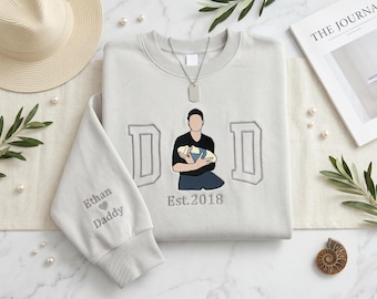 Embroidered Dad T-Shirt: Custom Kid Portrait Sweatshirt, Personalized Name Sleeve, Father's Day Gift Shirt