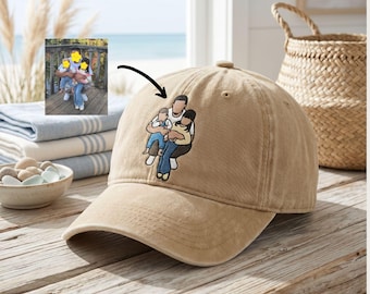 Personalized Embroidered Family Portrait Dad Hat, Custom Stitched Photo Cap for Papa