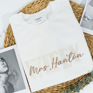 Custom Mrs Sweatshirt, Embroidered Future Mrs Name Crewneck Bride to Be Gift for Bridal Shower Engagement Gift Mrs Last Name Honeymoon Shirt