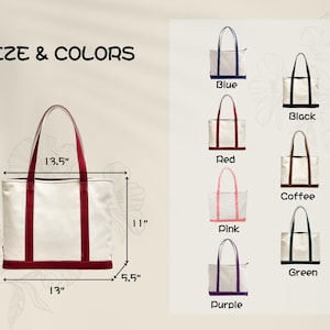 May include: A white tote bag with red accents, measuring 13.5 inches wide, 11 inches tall, and 5.5 inches deep. The image also shows the bag in blue, black, red, pink, coffee, green, and purple.