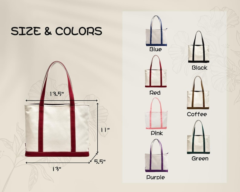 May include: A white tote bag with red accents, measuring 13.5 inches wide, 11 inches tall, and 5.5 inches deep. The image also shows the bag in blue, black, red, pink, coffee, green, and purple.