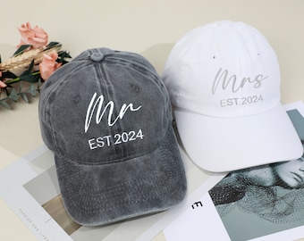 Embroidered Mr & Mrs Hats, Vintage Washed Cotton, Wedding Gift Set