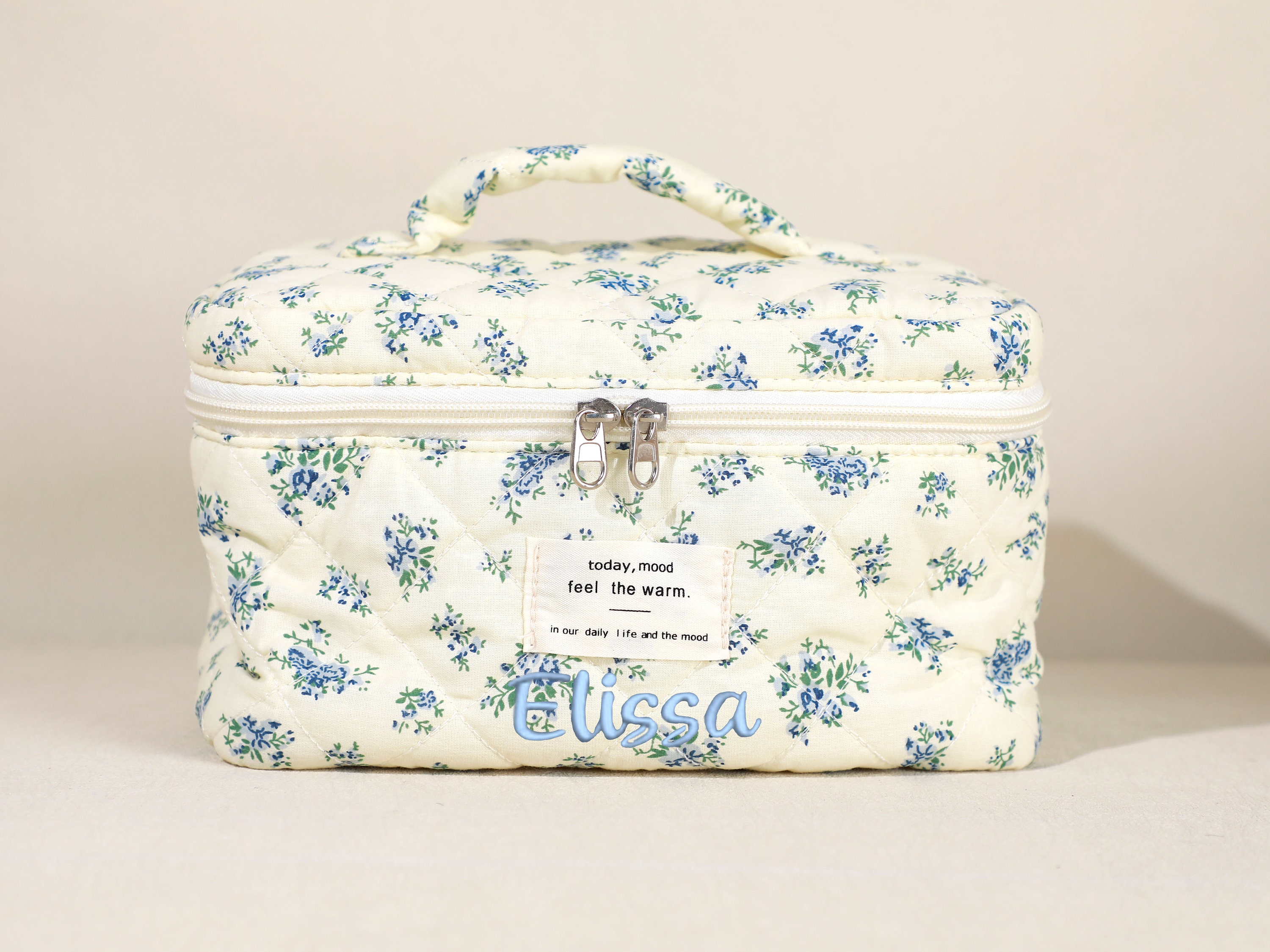 Custom Quilted Cotton Cosmetic Bag, Large Capacity Makeup Bag Set for Women, Personalized Embroidery Cosmetic Bags