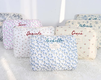 Gestickte Blumen Make-up Taschen Set, Gesteppte Baumwolle Kosmetik Reisetaschen Set, personalisierte Kulturbeutel Set