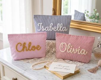 Custom Bridesmaid Toiletry Bag,3D Yarn Name Chenille Letter Pouch,  Personalized Mini Makeup Bag for her, Summer Travel Party Gifts