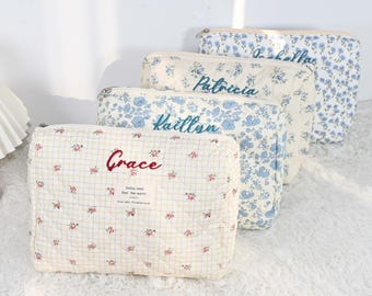 Embroidered Flower Makeup Bag, Personalized Cotton Cosmetic Bag