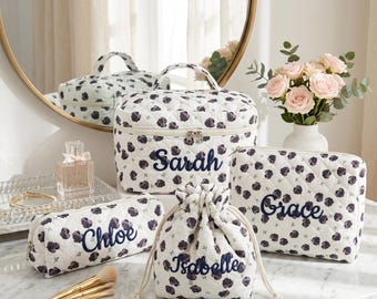 Monogram Makeup Bag, Embroidered Block Print Toiletry Bag, Travel Cosmetic Pouch, Bridesmaid Gifts Proposal, Bridal Party Favors