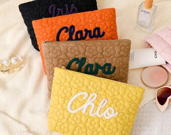 Custom Name Quilted Makeup Pouch, Zipper Travel Cosmetic Bag, Portable Toiletry Organizer, Bachelorette Party Gift, Female Birthday Gift