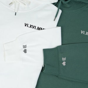 Embroidered Roman Numeral Matching Hoodie, Custom Anniversary Date Couple Hoodies, Custom Initials With Heart Sleeve Jumper, Boyfriend Gift