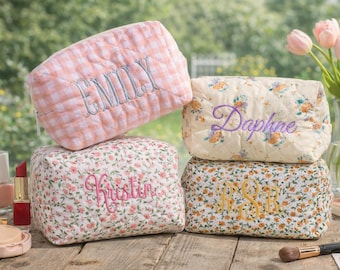 Personalized Floral Quilted Makeup Bag, Embroidered Cosmetic Pouch