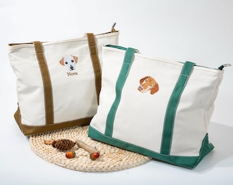 Custom Embroidered Pet Portrait Tote Bag, Dog Cat Lover Gift