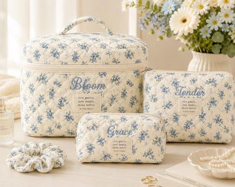 Embroidered Flower Makeup Bag, Personalized Cotton Cosmetic Bag