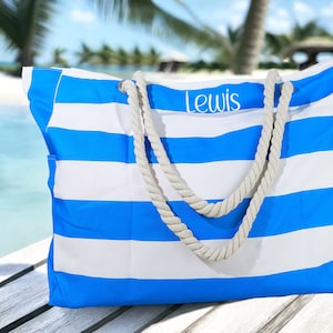 Personalisierte Strandtasche | Gestreifte Urlaubstasche mit Seilhenkel | Personalisiertes Geschenk für sie | Nautische Strandtasche Flitterwochen Reisegeschenk