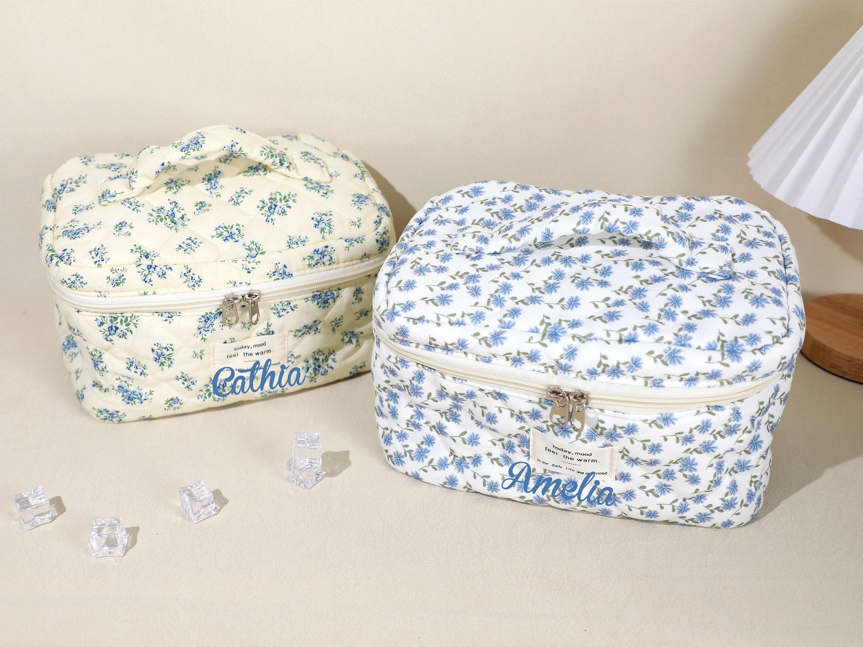 Custom Quilted Cotton Cosmetic Bag, Large Capacity Makeup Bag Set for Women, Personalized Embroidery Cosmetic Bags