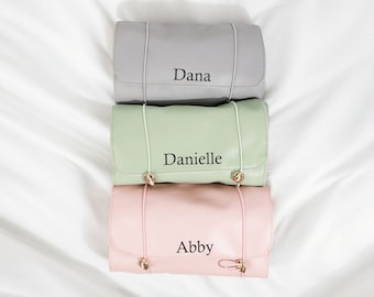 Embroidered PU Leather Roll-Up Makeup Bag, Travel Toiletry Organizer