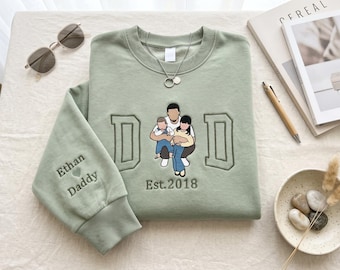 Personalized Embroidered Portrait From Picture Hoodie, Custom Family Design Sweatshirt, Ideal Gift For Father