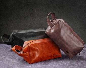 Custom Name Engraved Men's Toiletry Travel Storage Bag PU Leather Bag