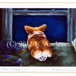 Evie Anderson Pembroke Welsh Corgi Art SIGNED PRINT "Puppy Ponders"  (signed, matted)