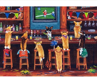 Evie Anderson Corgi Art SIGNED PRINT &quot;Football, Beer & Big Ears&quot; Pembroke Welsh Corgis (signed, matted)