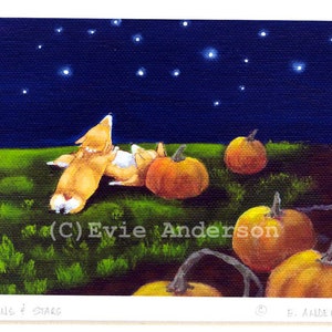 Evie Anderson Pembroke Welsh Corgi Dog Art SIGNED PRINT "Pumpkins & Stars"  (signed, matted)